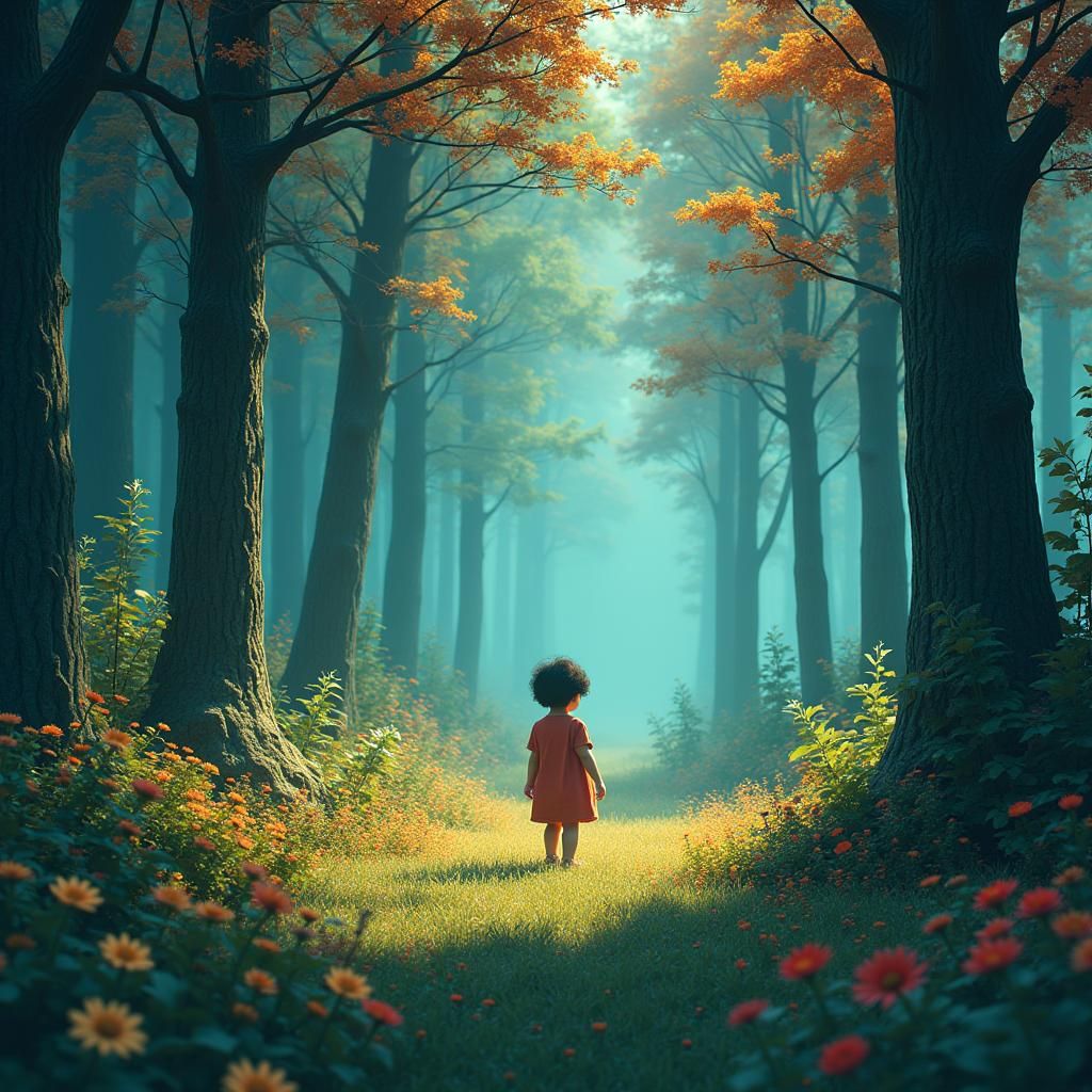 Child in Forest Glade, Ghibli-Inspired Fantasy Art