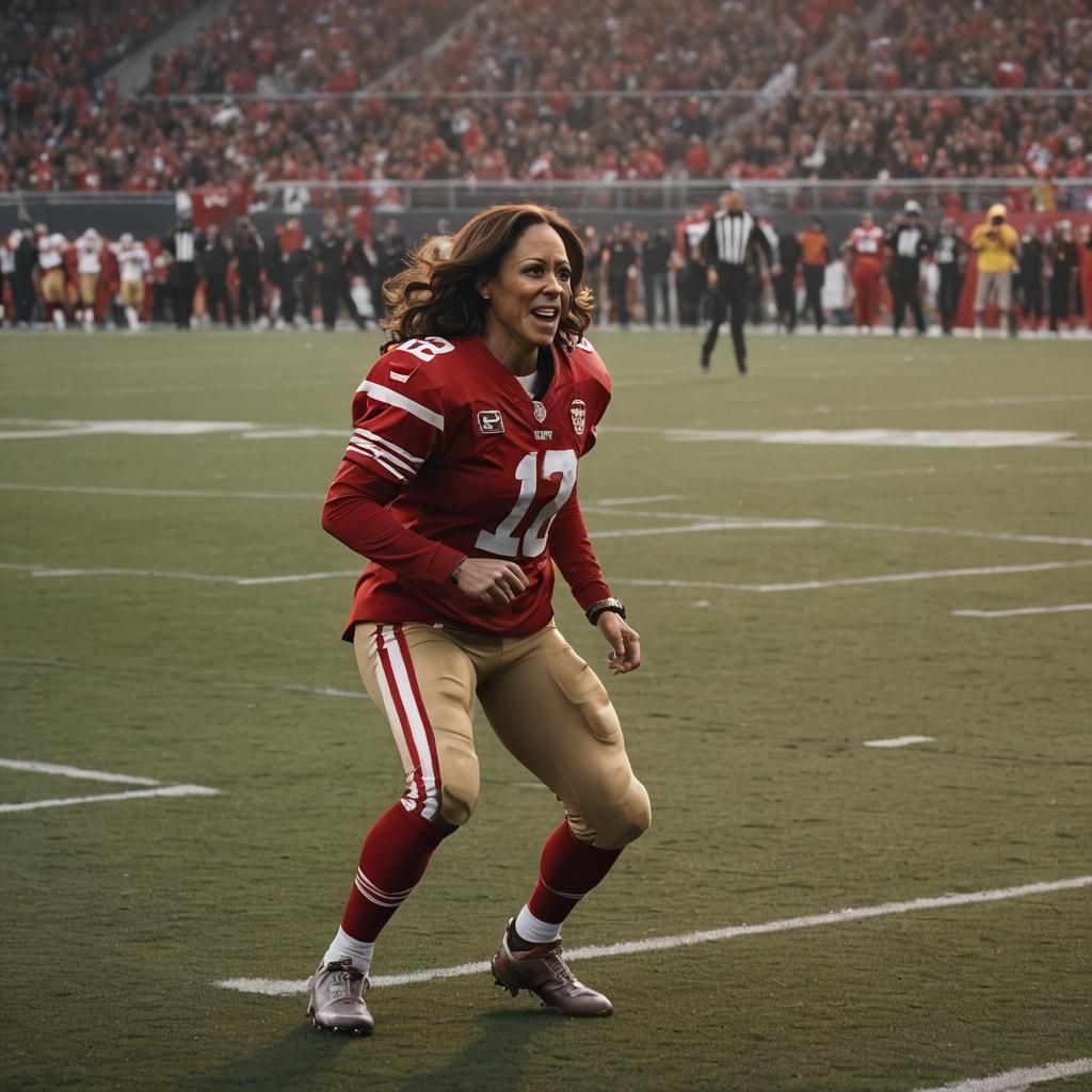 Kamala Harris as 49ers Player in Cinematic Style