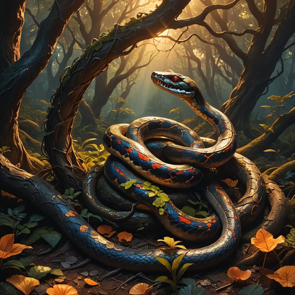 Mystical Ouroboros in Forest at Golden Hour