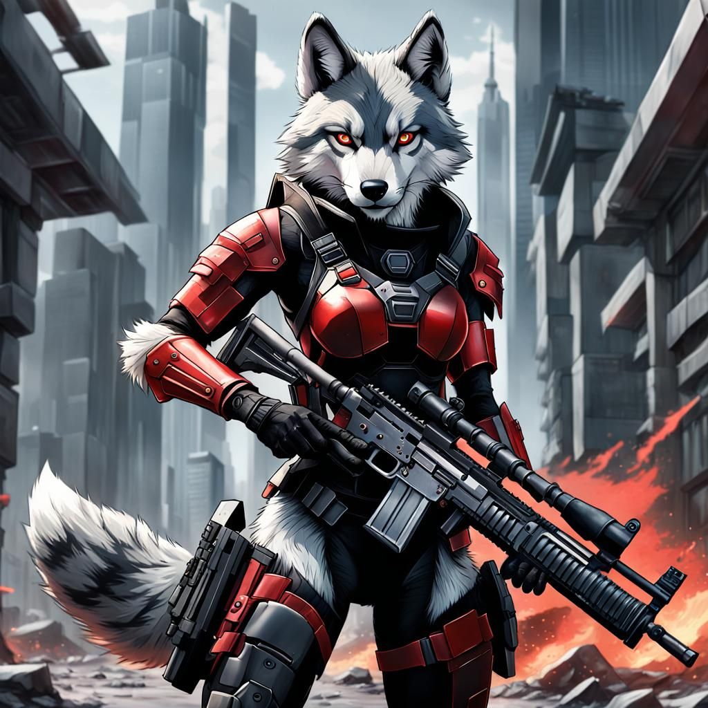 Armored Wolf Girl on Burning Battlefield in Anime Style