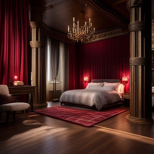 Crimson Bedroom: A Romantic 8K Concept Art