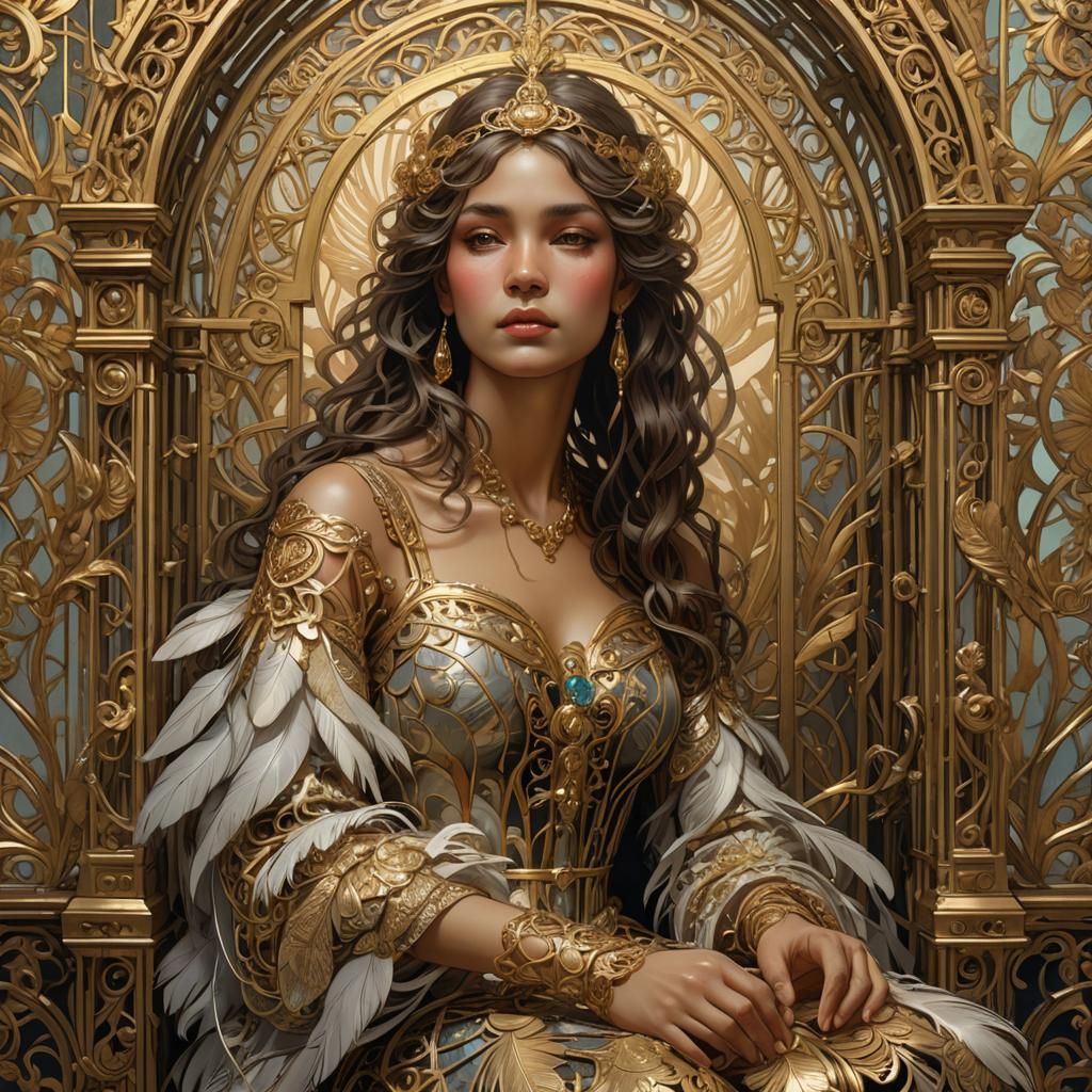 Gilded Cage: Art Nouveau Hens in Volumetric Light