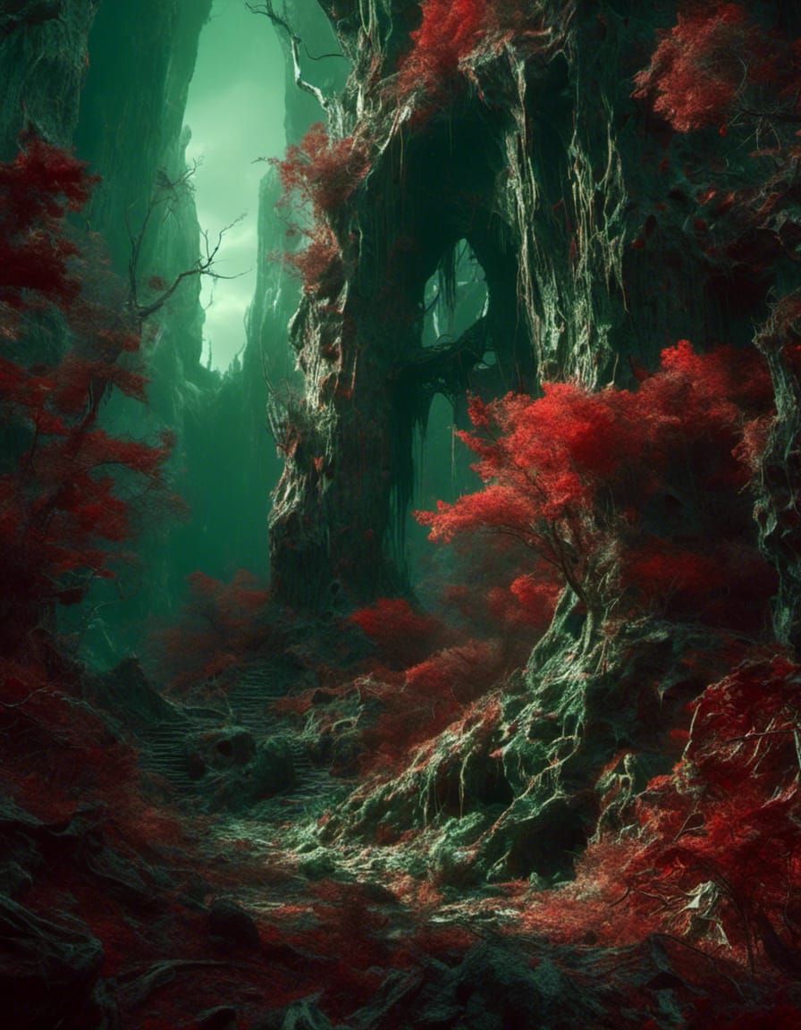 Hyperdetailed Lair in Green and Red, 8k Resolution