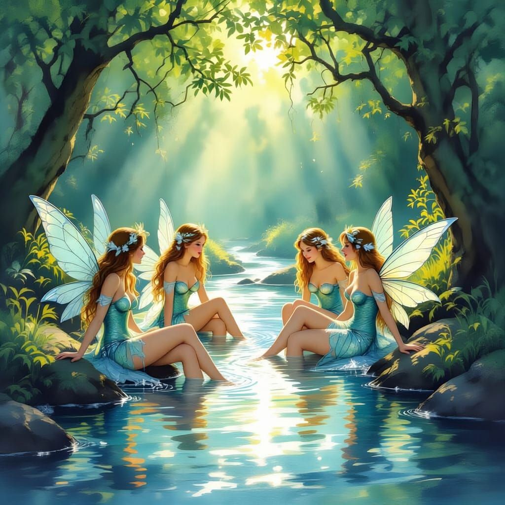 Water Nymphs Relaxing in a Sunny Forest Stream