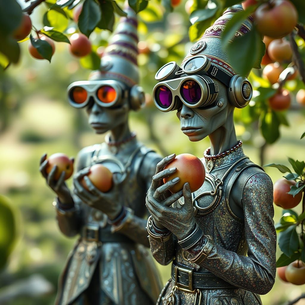 Glamorous Gnome Aliens Pick Apples in Futuristic Orchard