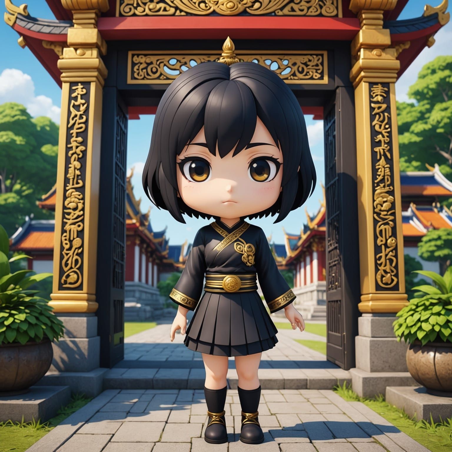Anime Chibi Girl at Thai Temple Gate