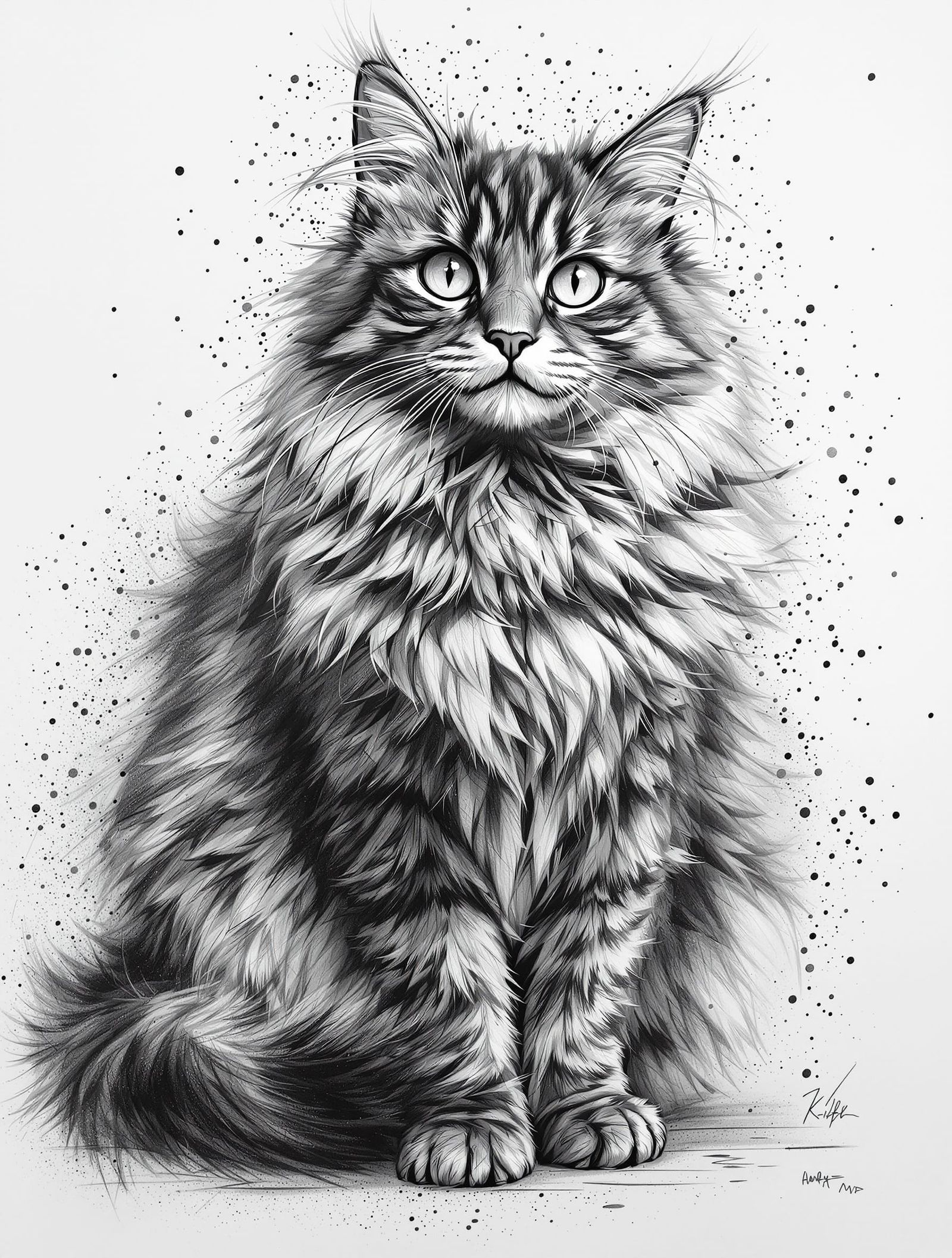Monochrome Sketch of a Fluffy Cat