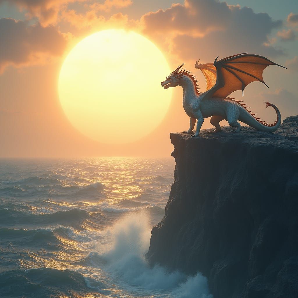 White and Gold Dragon Against Giant Sun on Sea Cliff