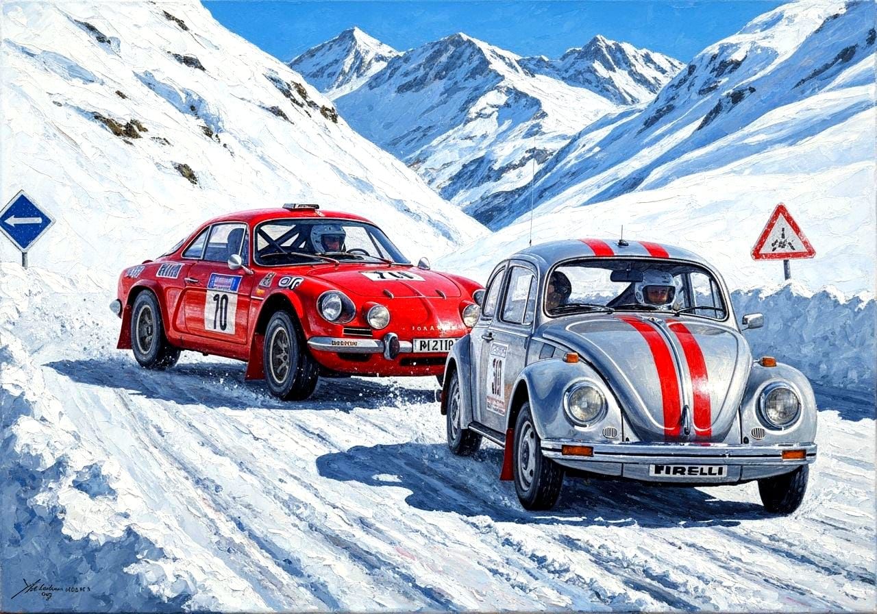 Alpine A110 Leads Beetle in Snowy Rally Race Painting