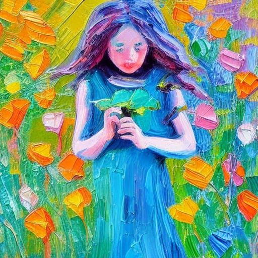 Girl in Flowers: Neo-Impressionist Expressionist Oil Paintin...