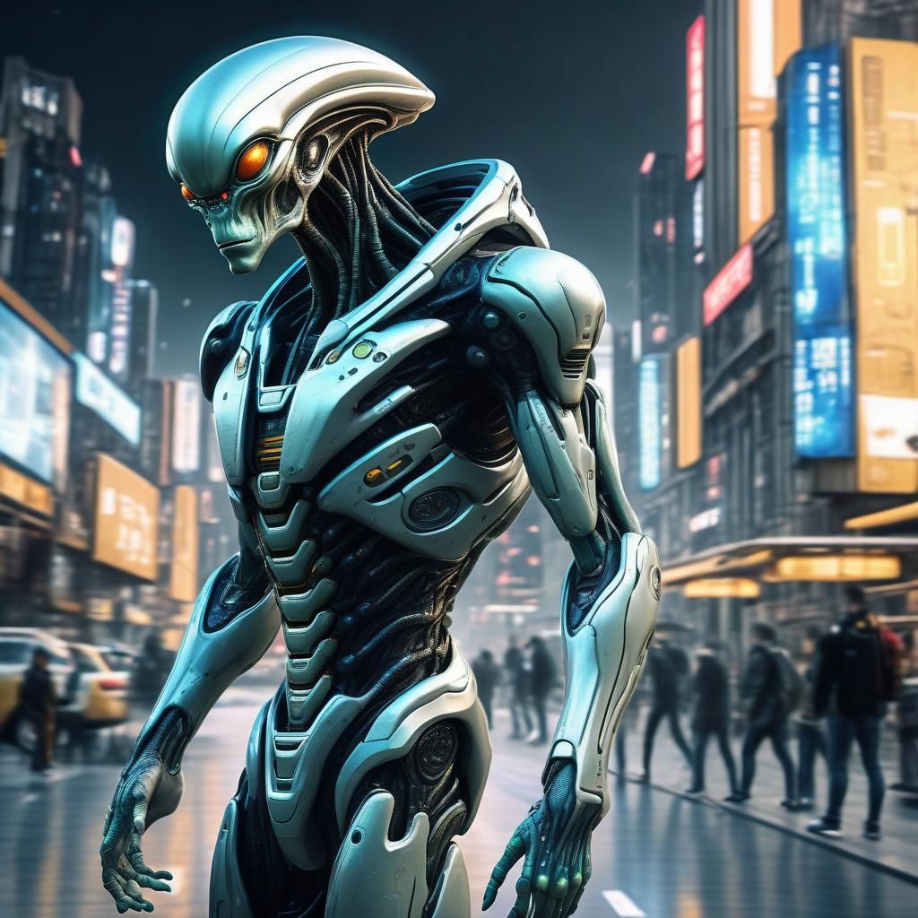 Hyperrealistic Alien Cyborg in Sci-Fi City