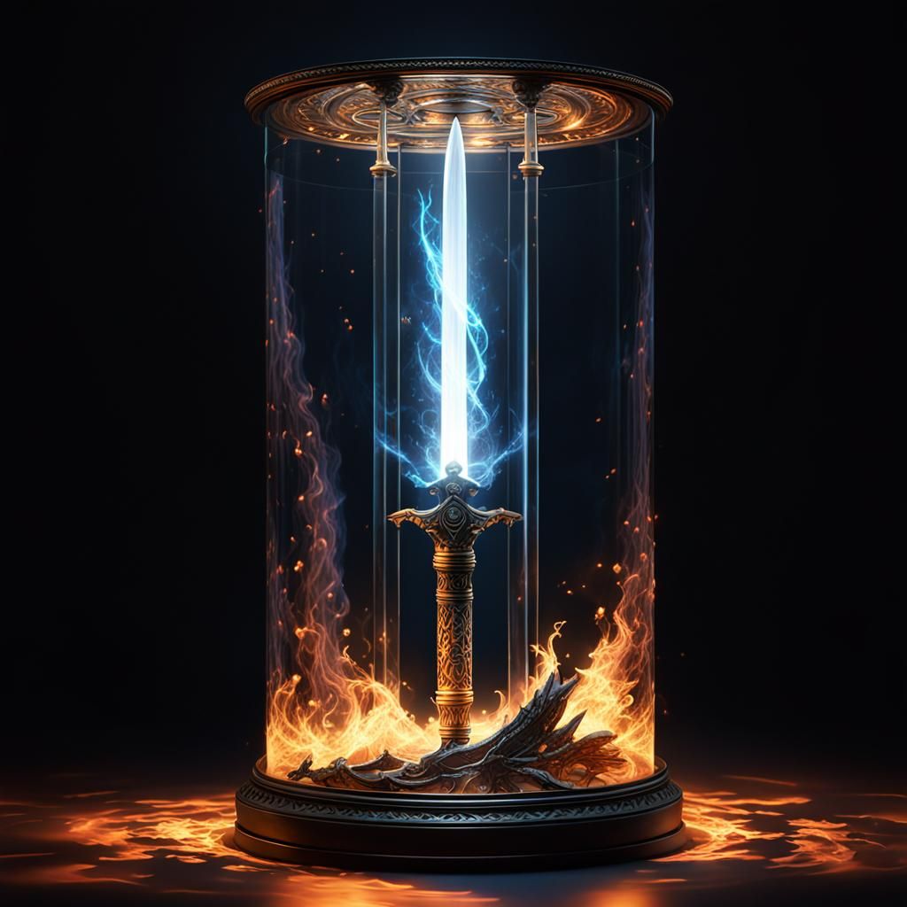 Ethereal Sword in Glass Case with Bonfire