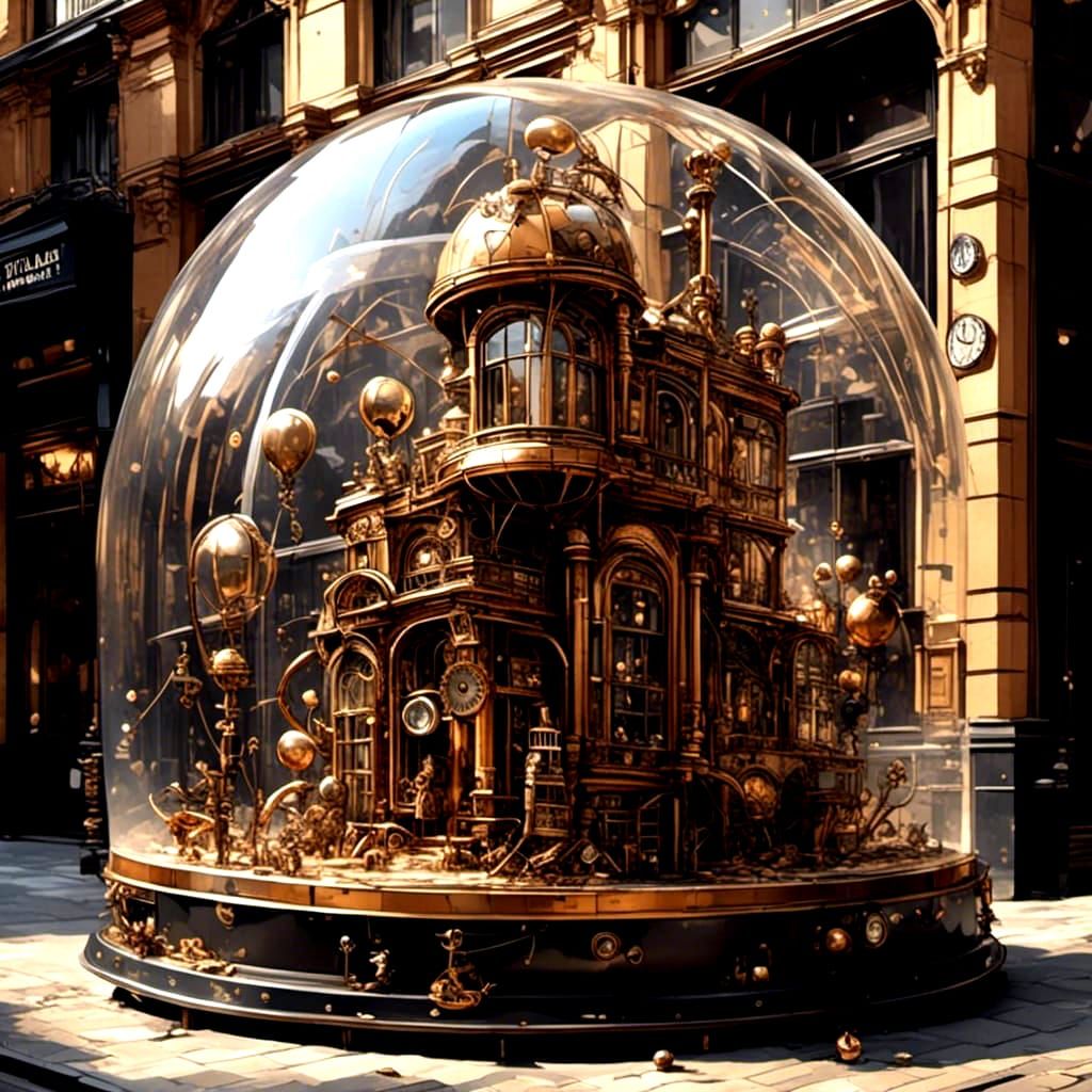 <lora:Brassy Balloonacy:1.0> steampunk building with clear d...