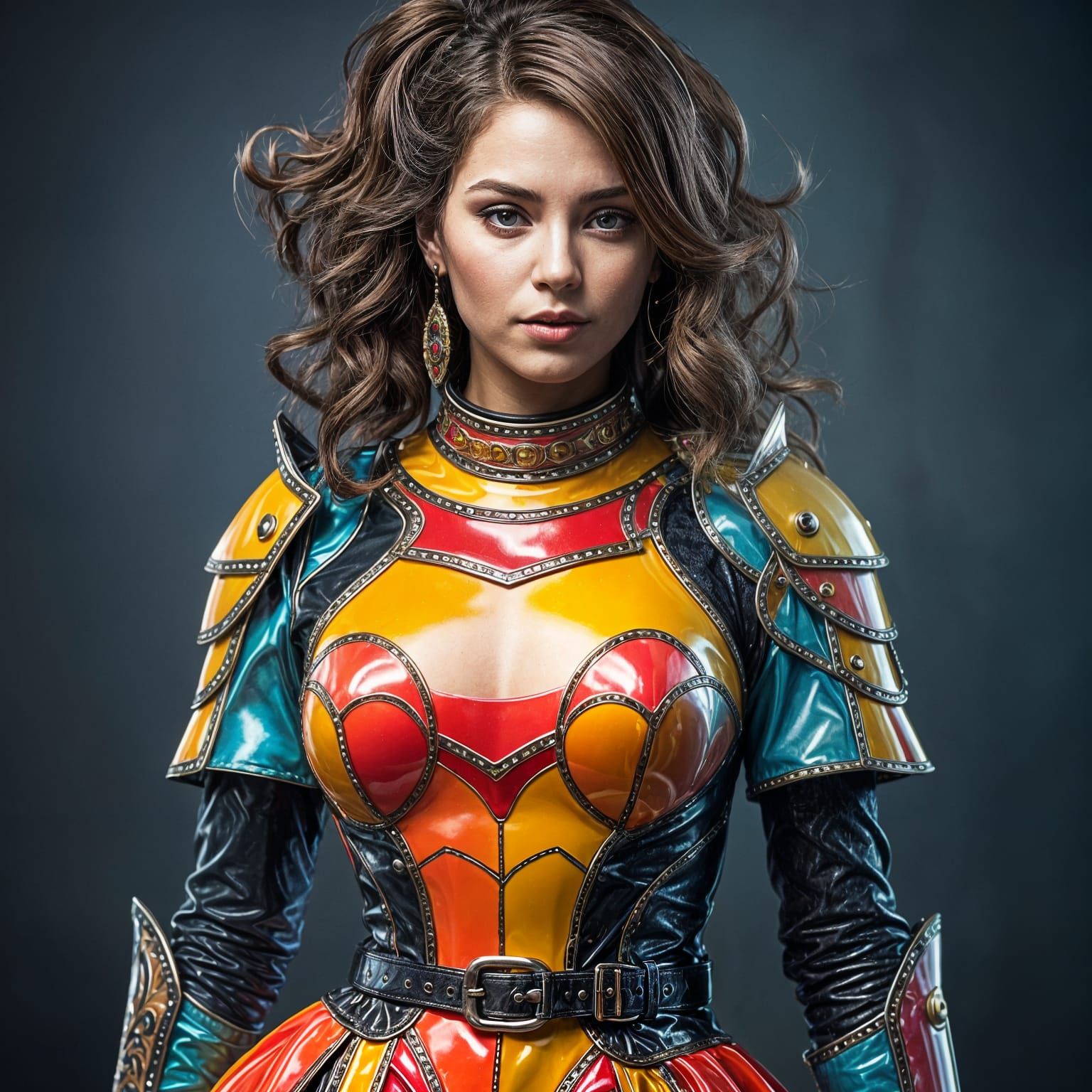 Hyperrealistic Woman in Colorful Armor Dress