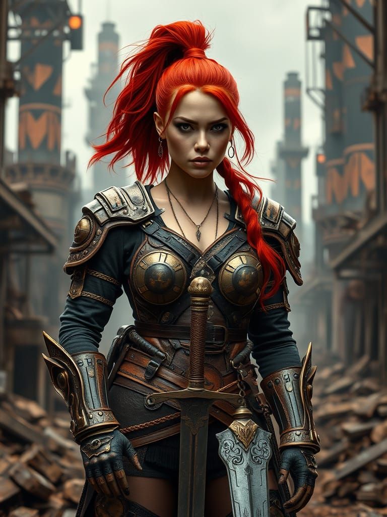 Steampunk Warrior Woman in Post-Apocalyptic Ruins