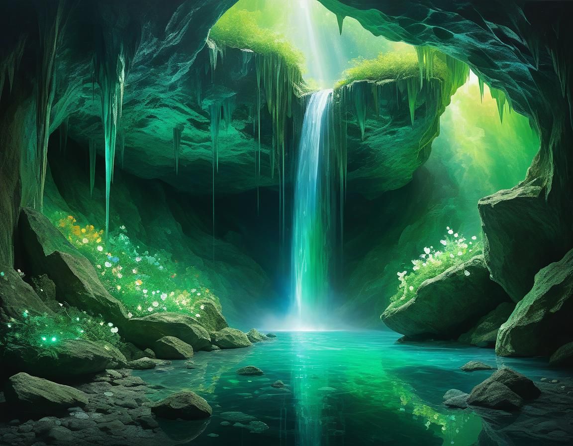Ethereal Crystal Cave with Hidden Waterfall