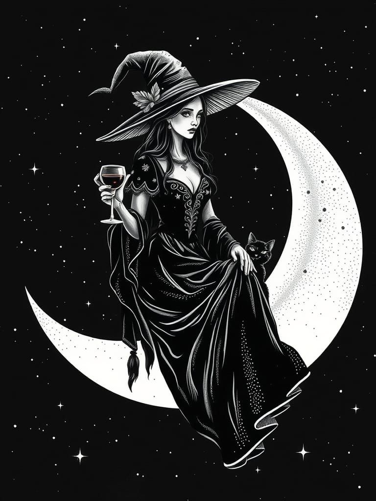 Witch on Moon in Pointillism Ink Illustration