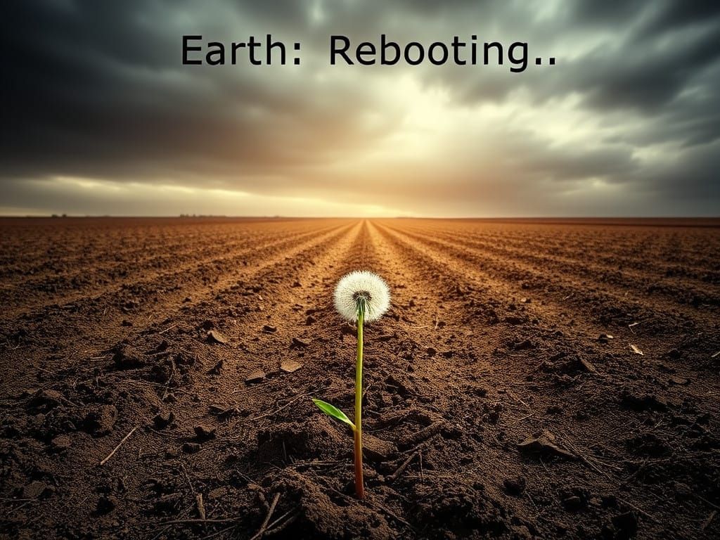 Surreal Post-Apocalyptic Landscape with a Single Dandelion S...