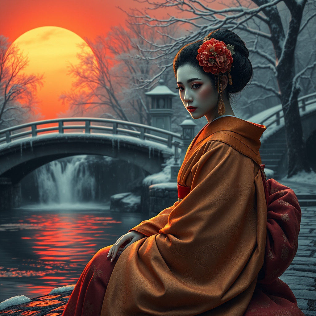 Geisha by Snowy River at Sunset in Dark Fantasy Style