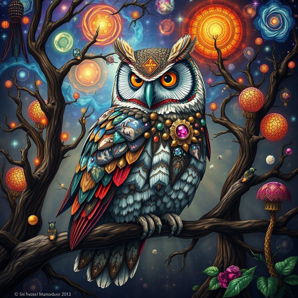 Tapestry Owl in Forest Glade, Digital Art