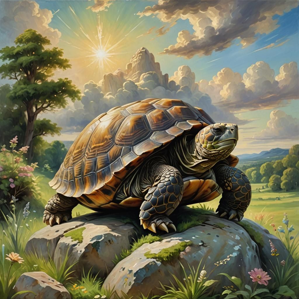 Baroque Tortoise in Heavenly Meadow Oil Painting