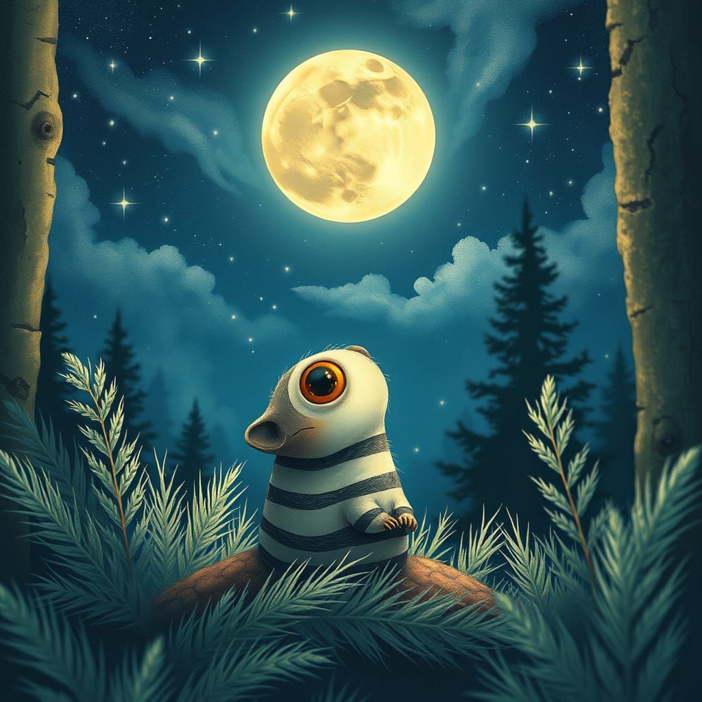 Whimsical Nocturnal Creature Gazing at Moonlit Sky
