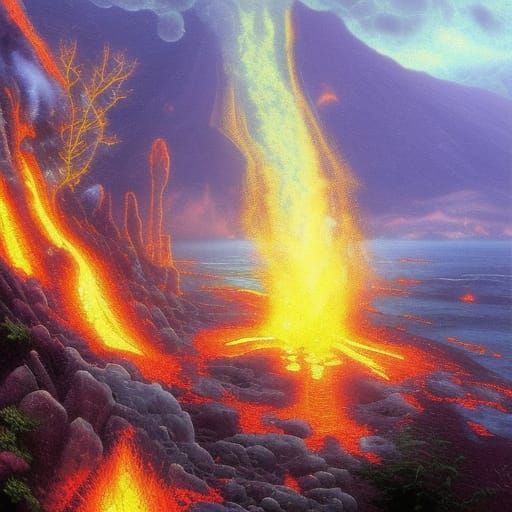 Fantasy Volcano Eruption with Fire Elves