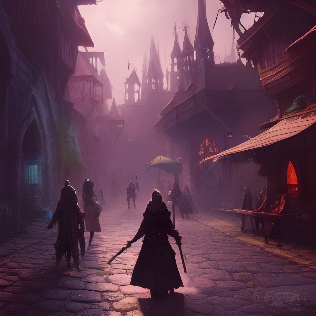Medieval Fantasy Town with Adventurers, Oil Painting Style