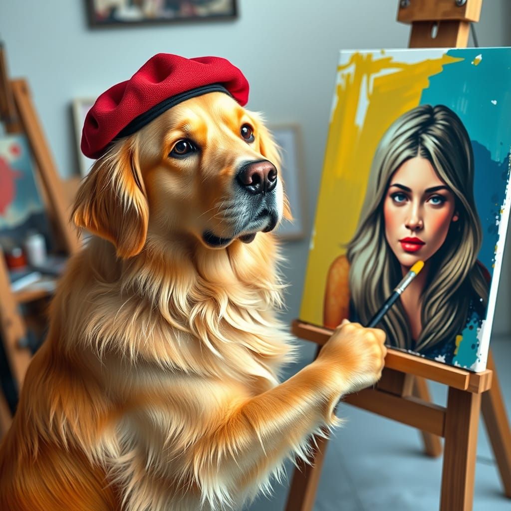 Golden Retriever Artist Paints Human Portrait in Vibrant Sty...