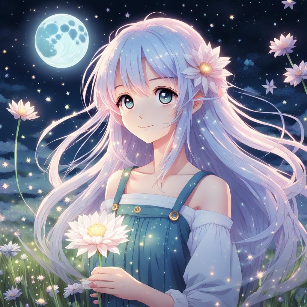 Anime Girl with Radiant Flower in Moonlit Meadow