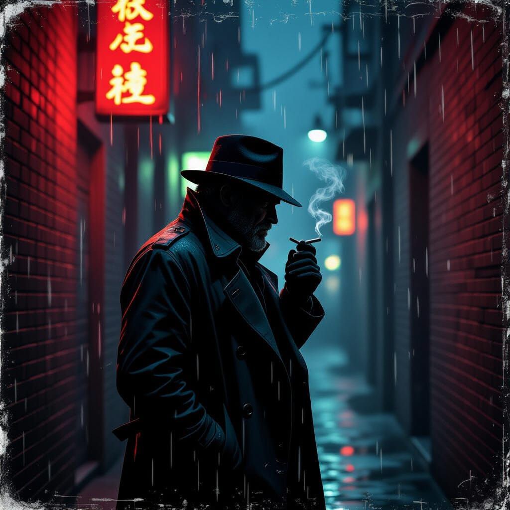 Grizzled Detective in Neon Alleyway Vintage Poster Style