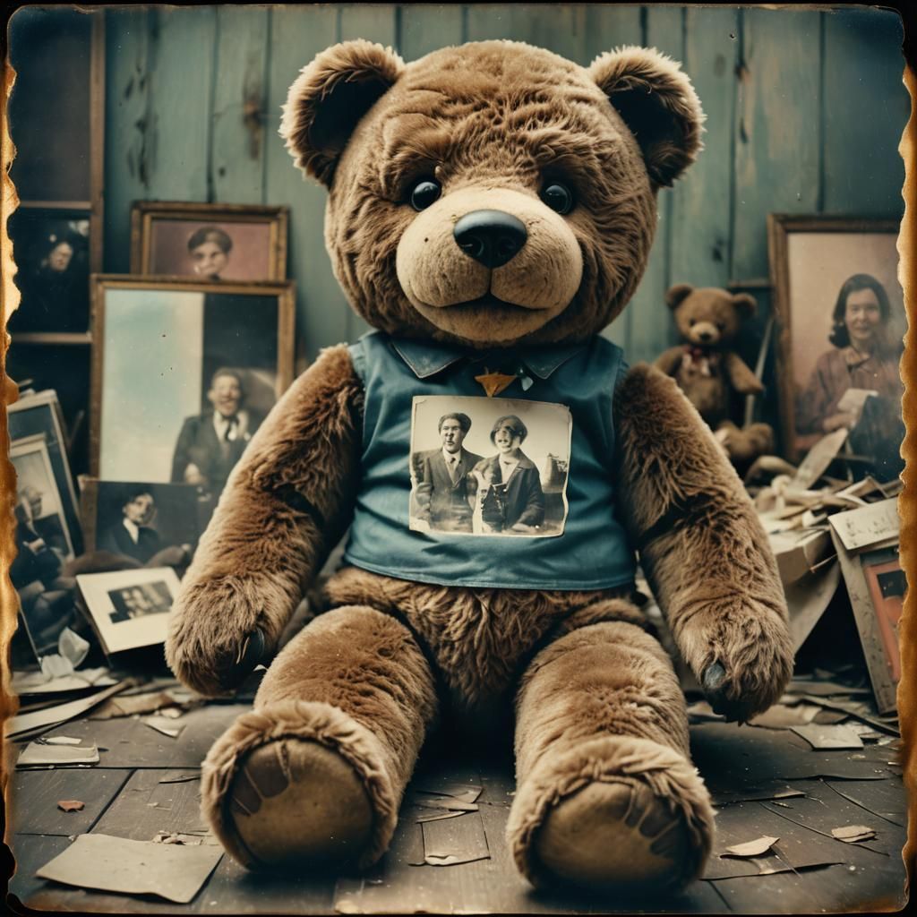 Faded Family Photo with Giant Teddy Bear