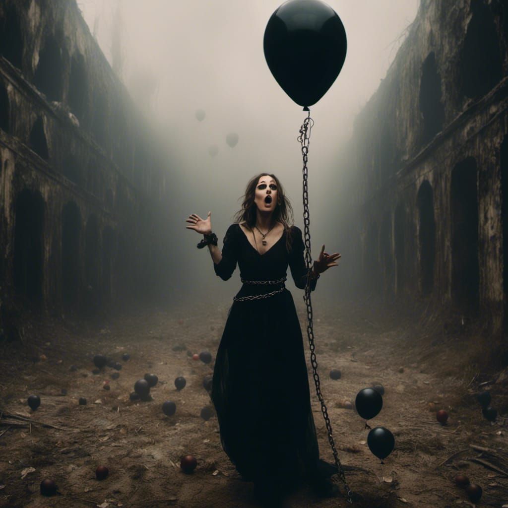 Terrified Lady Chained to Balloon Ascending
