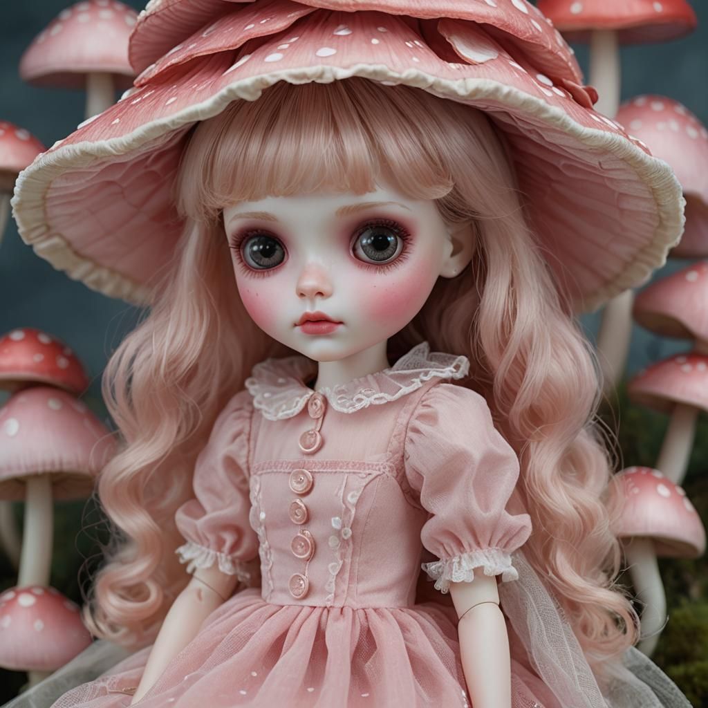Blythe Doll on Mushroom, Hyper-Realistic Art