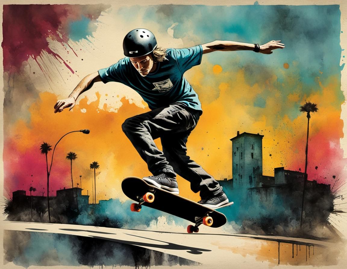 Skateboarder's Frontside Invert: Gritty Watercolor Illustrat...