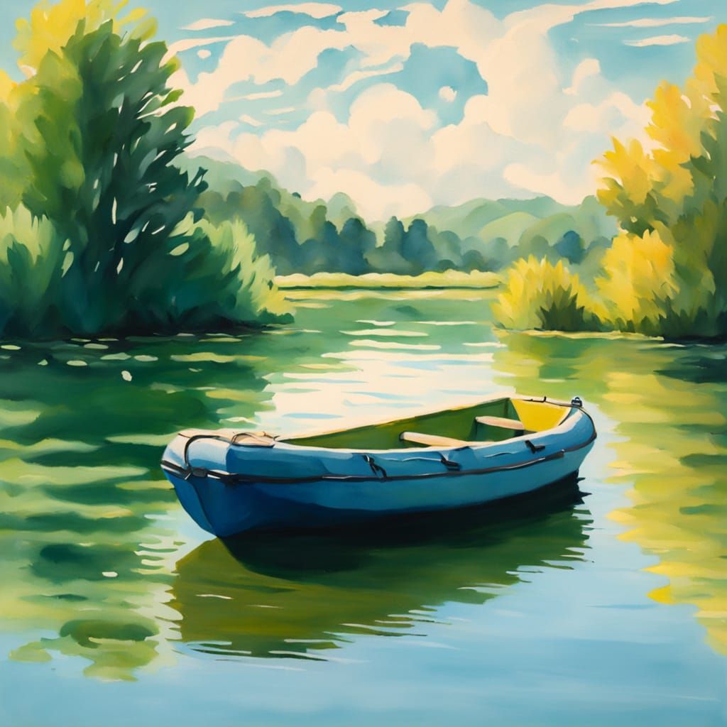 Vibrant Gouache Painting of a Boat on a Serene Lake