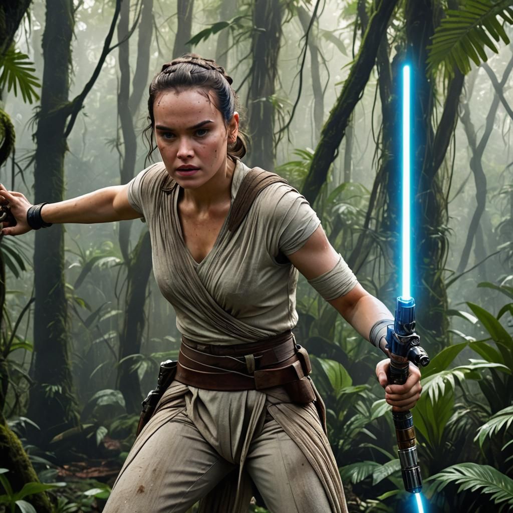 Woman with Lightsaber in Jungle, High-Definition Close-Up