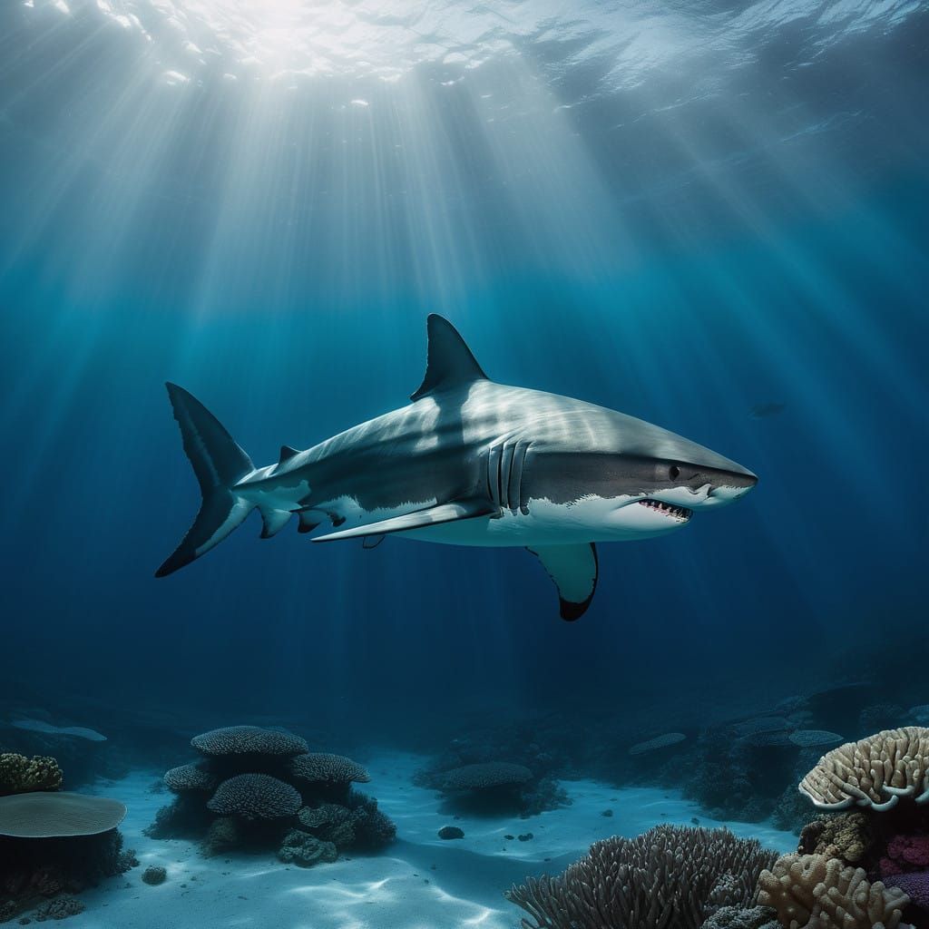 Majestic Great White Shark in Shallow Ocean Waters of the Gr...