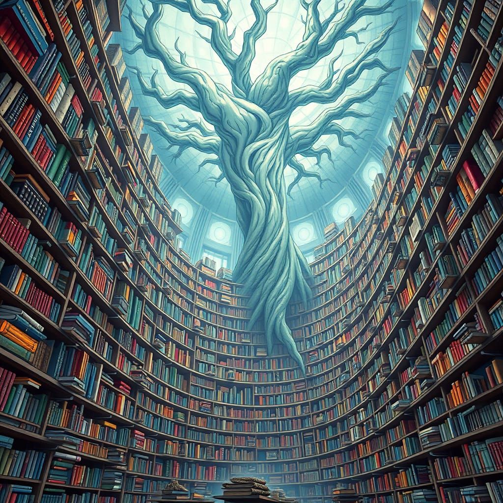 Majestic Library Meets Futurist Tree in a Dreamlike Landscap...