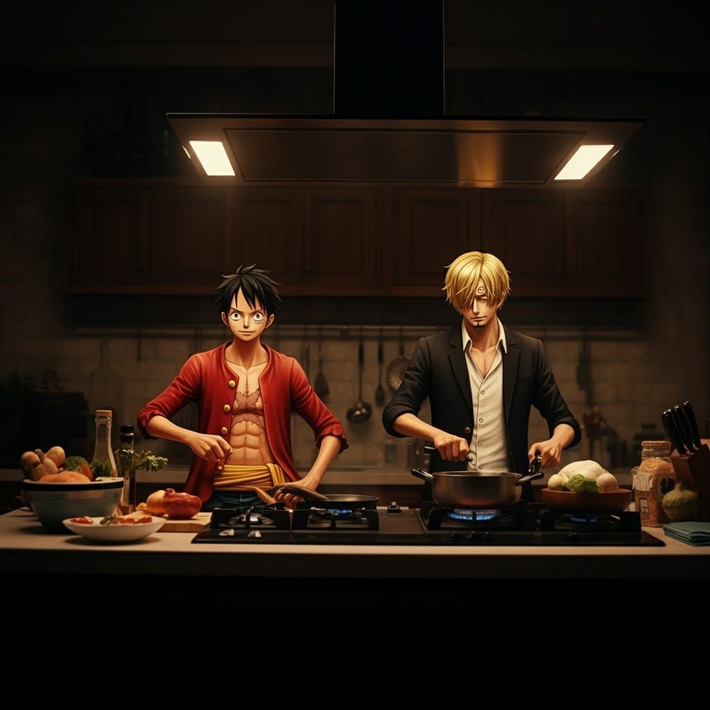 Luffy and Sanji Cook in Modern Kitchen