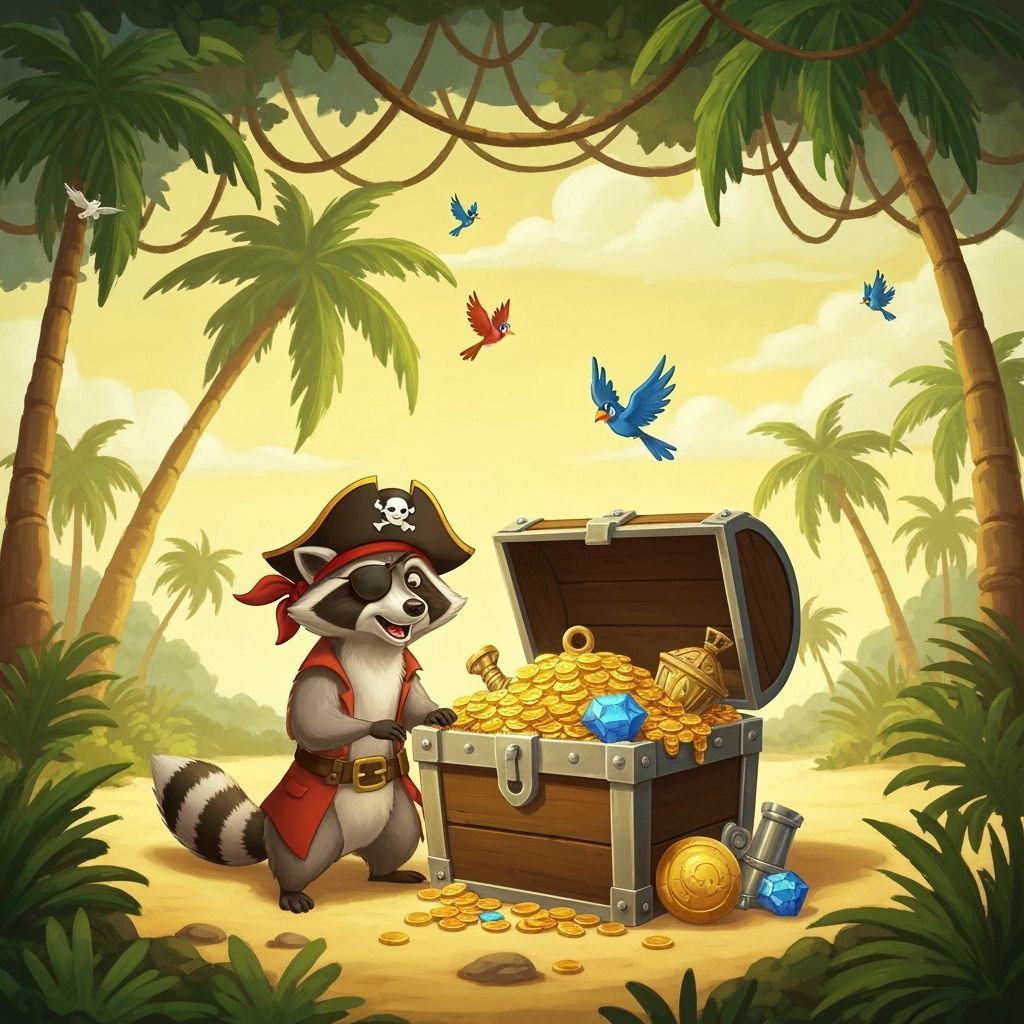 Raccoon Pirate Guarding Treasure Chest on Deserted Island