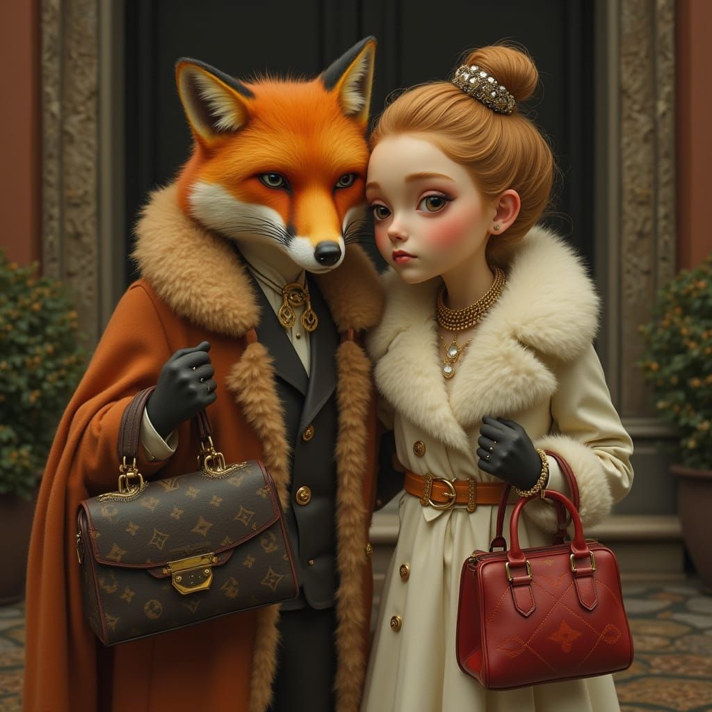 Fox-Faced Woman with Wife in Murakami-esque Style