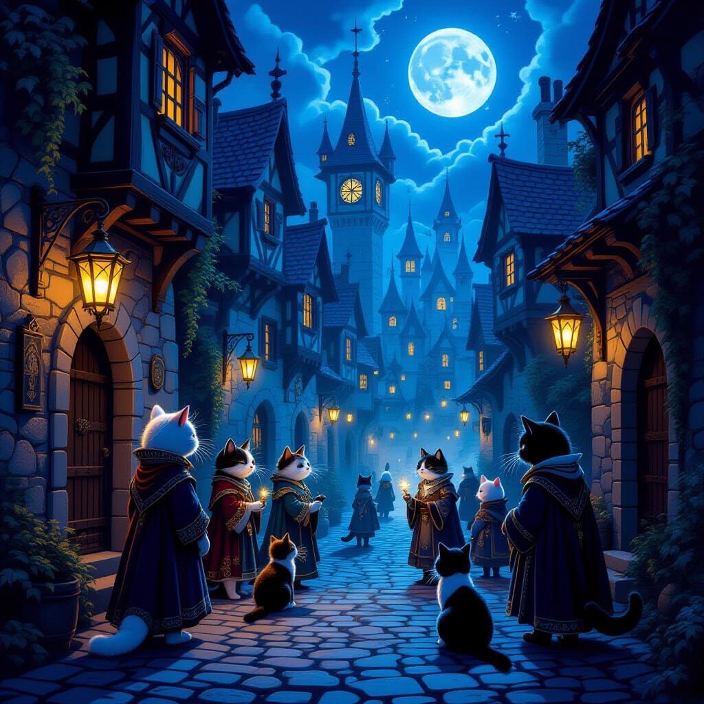 Anthropomorphic Cats in Magical City at Night