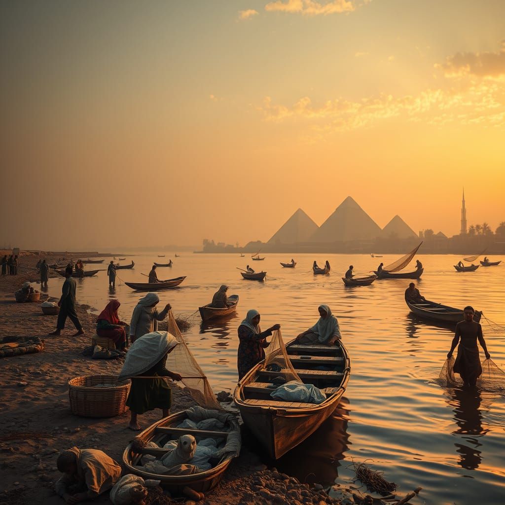 Egyptian Village Life by the Nile at Golden Hour