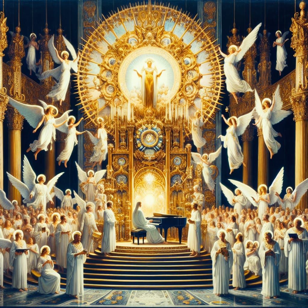 Heavenly Scene with Diverse Angels in Matte Painting Style
