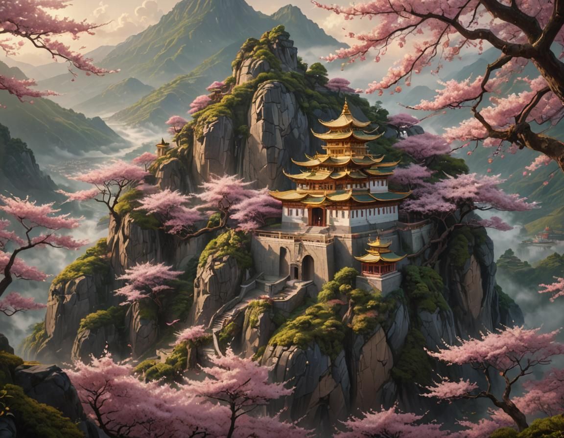 Mountain Monastery with Cherry Blossoms