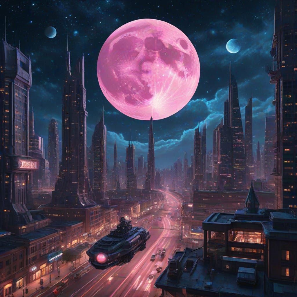 Cyberpunk Steampunk Cityscape Under Twin Moons