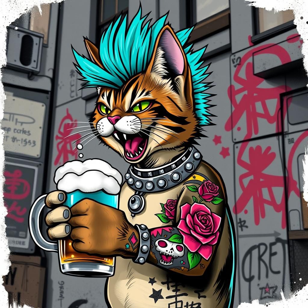 Punk cat  with coloured tattoos holding a beer