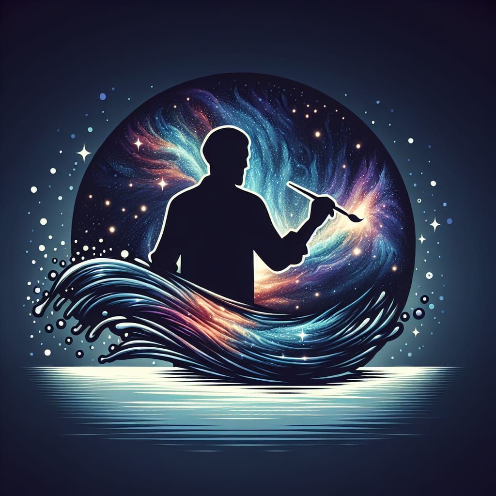 Artist's Silhouette Against Iridescent Space Oceanscape