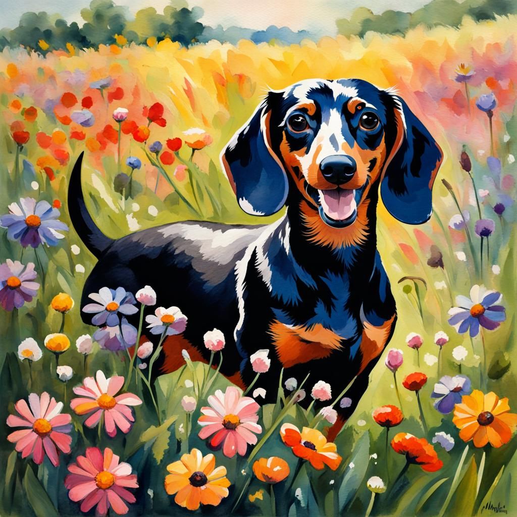 Happy Dachshund in Flower Meadow, Gouache Style
